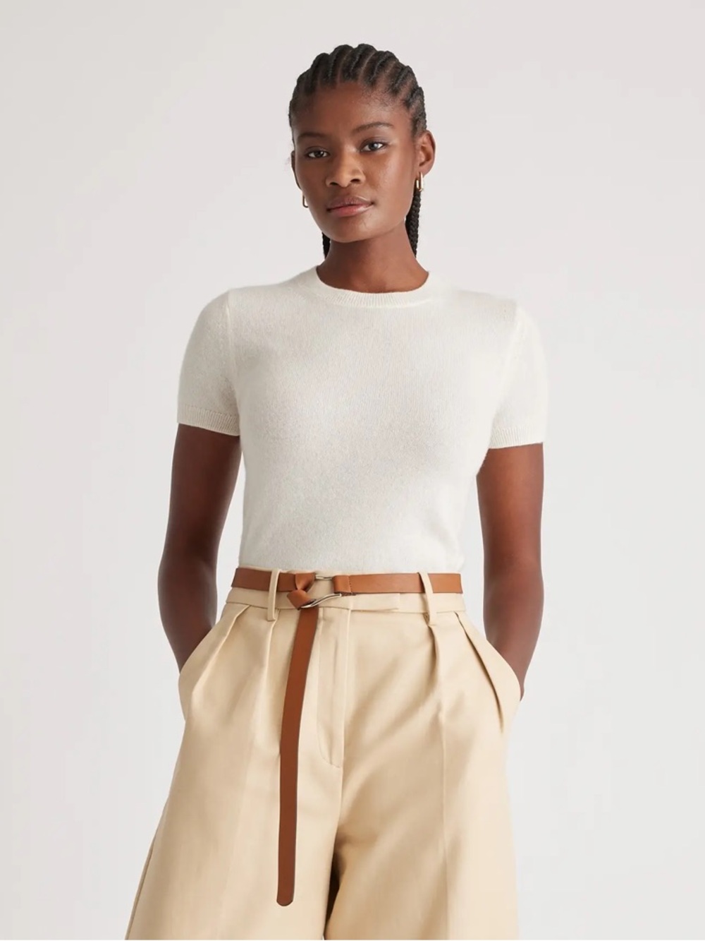 Quince Cashmere Cream Short-Sleeve Crewneck Sweater